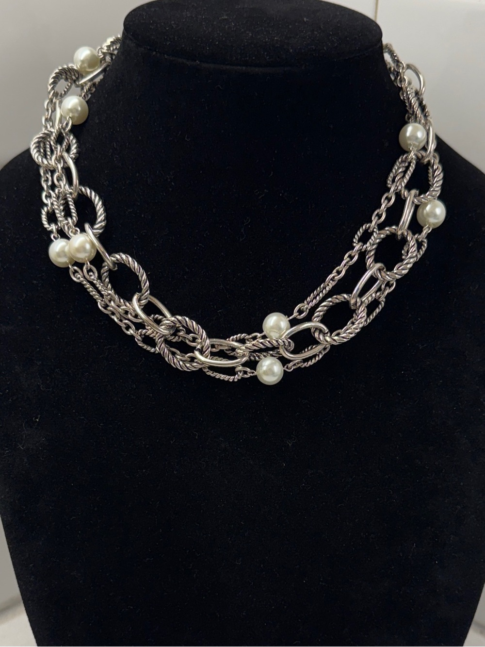 Chunky Silver-Tone Multi-Chain Necklace with Pearl Accents